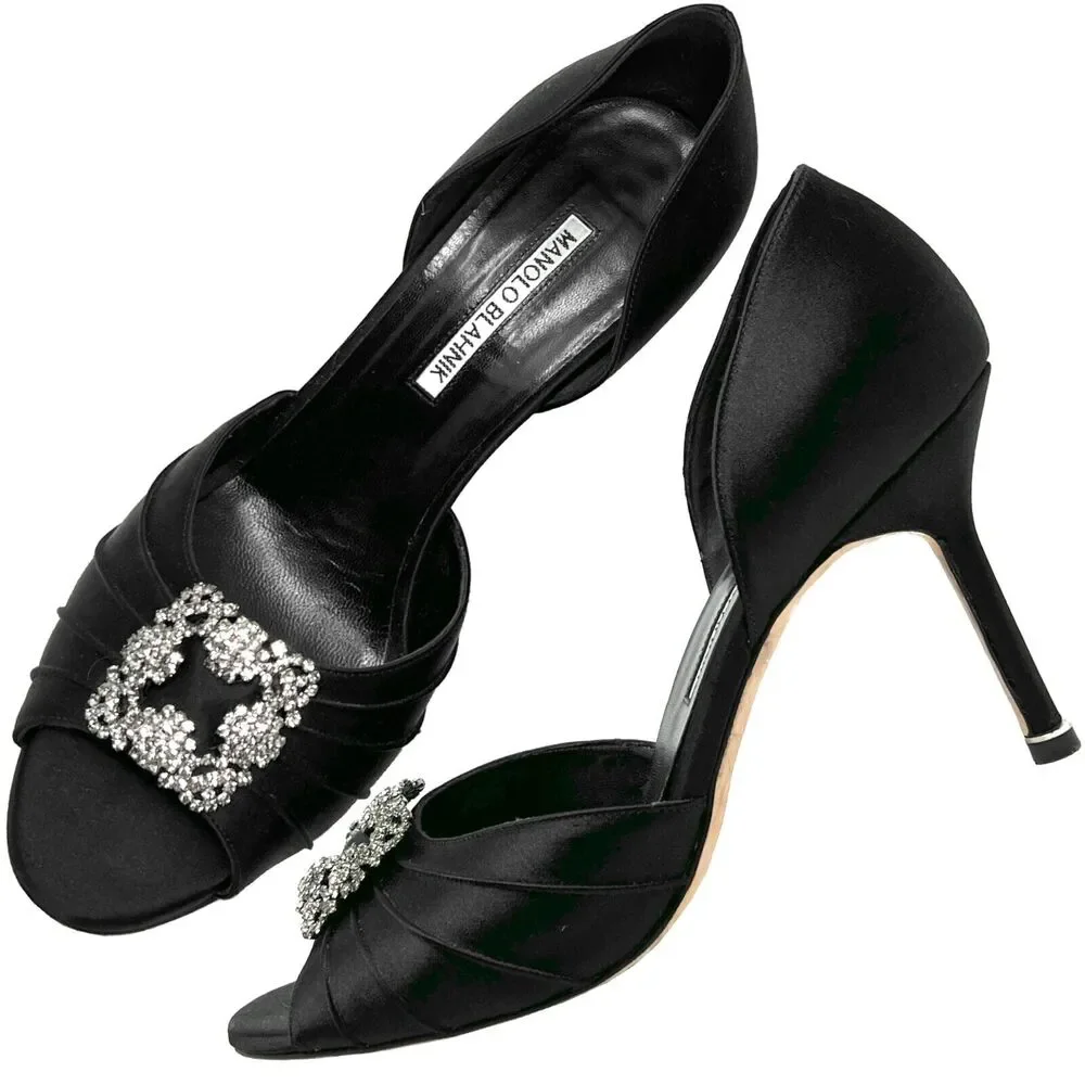 Manolo Blahnik Cassiado Satin Peep Toe Pumps - Size‎ 38.5